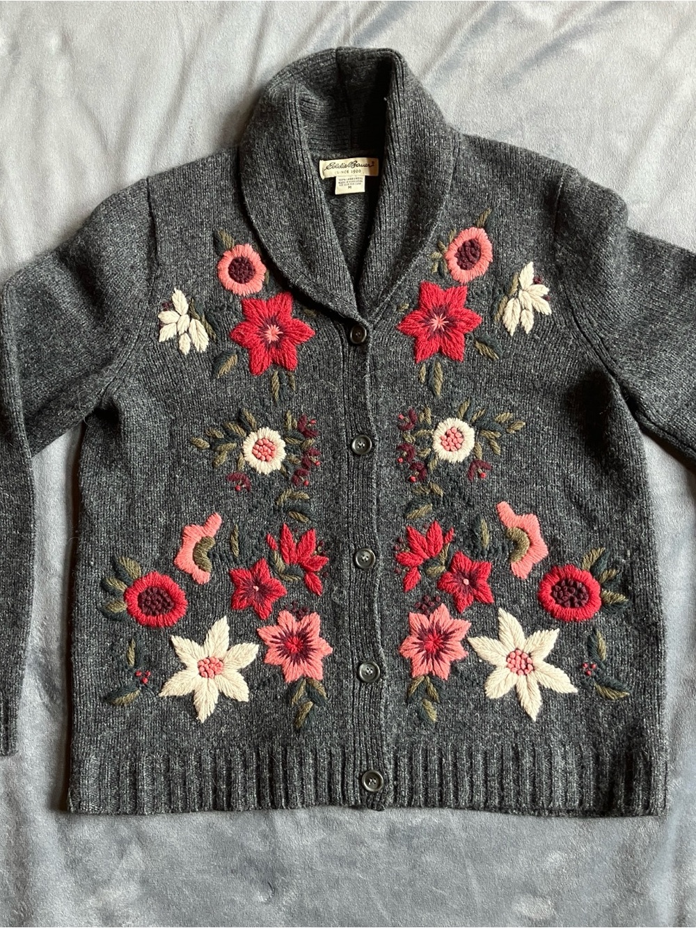 Eddie Bauer Charcoal Shawl Collar Wool Cardigan with Floral Embroidery